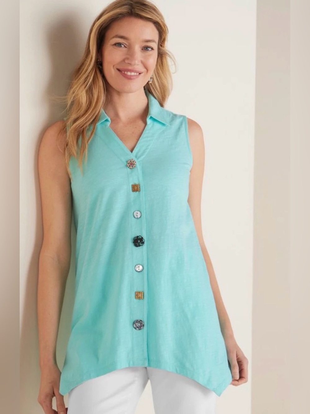 Soft Surroundings 3X Aqua Teal Blue Danielle Button Sleeveless Tunic